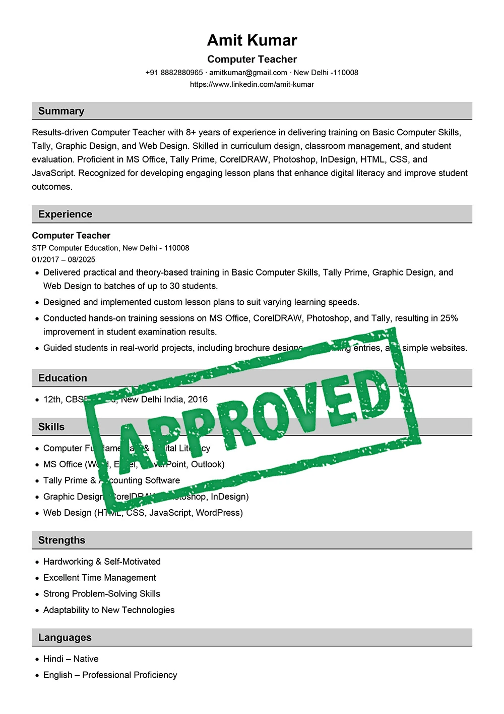 Sample Job Resume created using Free CV Maker
